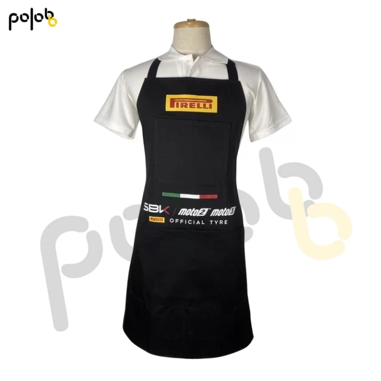 ผลงานสั่งทำผ้ากันเปื้อนผ้าคอมทวิว พร้อมงานสกรีนลายโลโก้หลายสไตล์ โดยโรงงาน Polobb