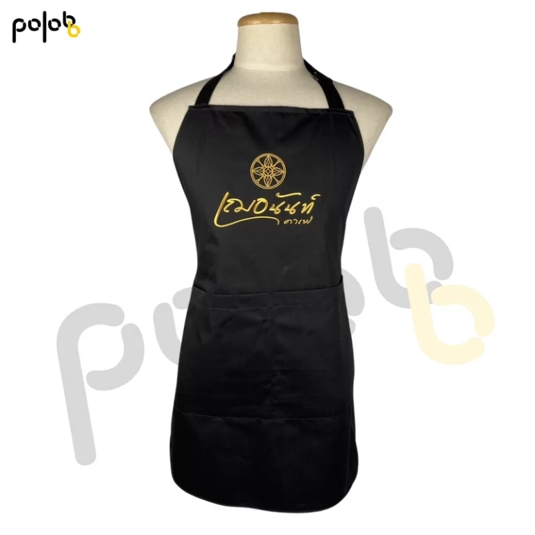 ตัวอย่างผ้ากันเปื้อนผ้าคอมทวิว พร้อมงานปักโลโก้คาเฟ่ ลายปักคมชัด สวยงามบนเนื้อผ้าเนียนเรียบ