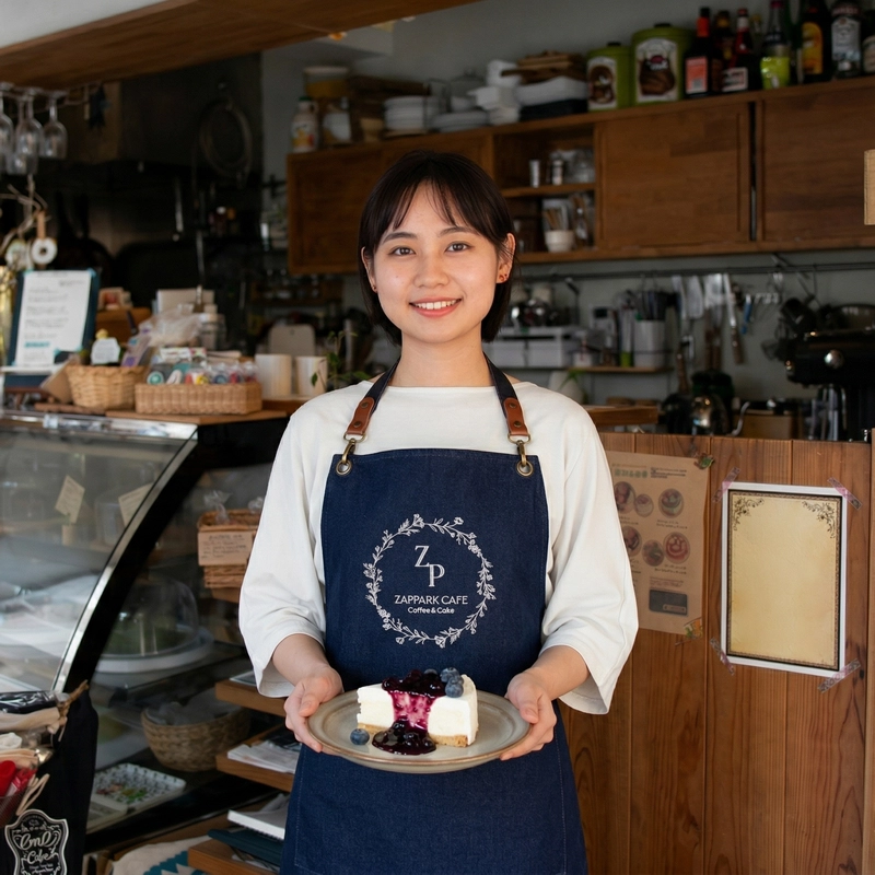 บาริสต้าสวมผ้ากันเปื้อนยีนส์ในร้านกาแฟ