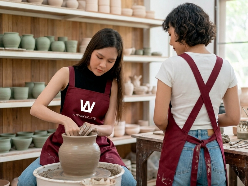 พนักงานสวมผ้ากันเปื้อนเต็มตัวสายไขว้หลังขณะทำงาน