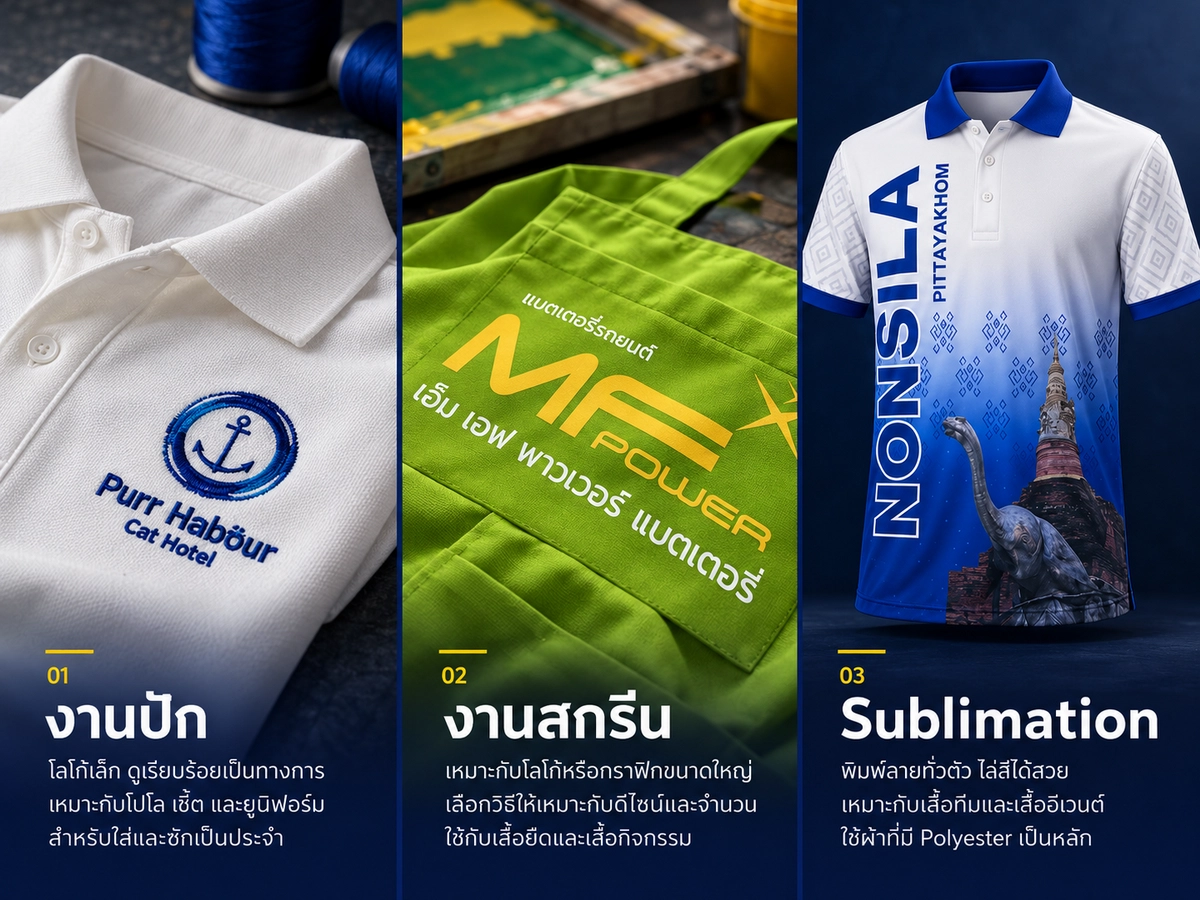 เปรียบเทียบการทำโลโก้และลวดลายบนเสื้อด้วยงานปัก งานสกรีน และ Sublimation