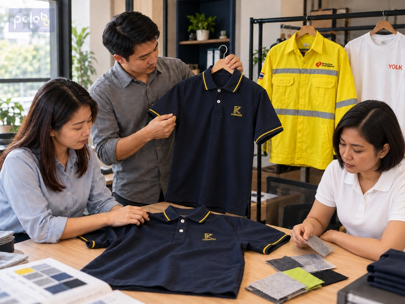 ทีมงานพิจารณาเสื้อโปโลและตัวอย่างเนื้อผ้าเพื่อเลือกยูนิฟอร์มให้เหมาะกับงาน
